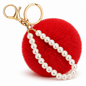 Cute Faux Fur Pompom Keychain with Elegant Pearls for Fashionable Bags - Red Color