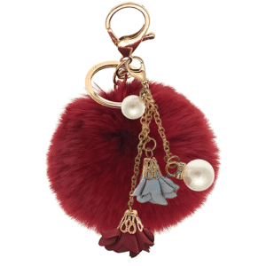 Stylish Rose & Pearl Pom Pom Keychain – Chic Accessory for Any Occasion - Wine Red