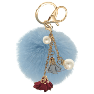 Elegant Rose Pearl Pom Pom Keychain – Customizable Charm for Her - Light Blue