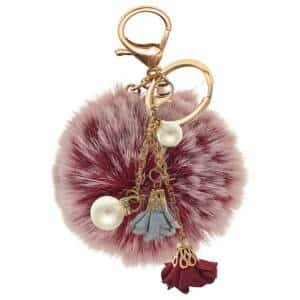 Fashionable Rose & Pearl Pom Pom Keychain – Stylish Charm for Your Keys - Frosted Red