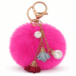 Fluffy Rose Pearl Pom Pom Keychain – Add Charm to Your Keys - Hot Pink