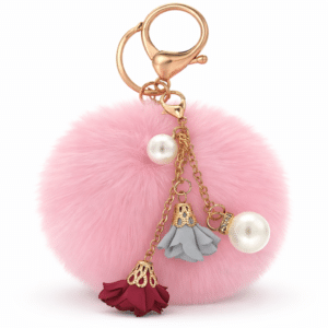 Beautiful Rose & Pearl Pom Pom Keychain – Ideal for Gifting - Pink