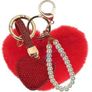 Glamorous Faux Fur Bling Heart Keychain with Elegant Pearl Pendant Charm - Red