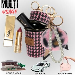 Chic Faux Fur Pom Pom Ball Keychain with Premium Pearl Pendant for Handbags - Pink|Black Pink Lepo