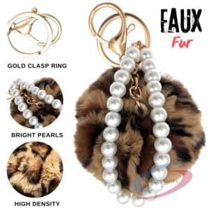 Luxury Faux Fur Pompom with Pearls Keychain Charm for Stylish Accessories - Brown Lepo