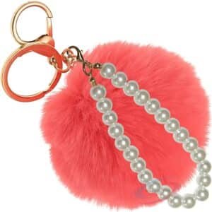 Delicate Faux Fur Pompom with Pearls Keychain Charm for Glamorous Bags - Coral Red
