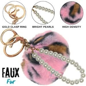 Premium Faux Fur Pompom with Pearls Keychain Charm for Trendy Fashionistas - Pink Lepo