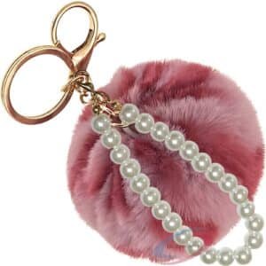 Elegant Faux Fur Pompom Keychain Charm with Pearls for Fashion Accessories - Rose Lepo
