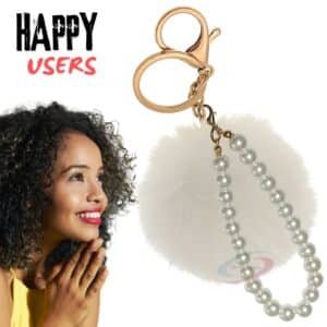 Chic Faux Fur Pompom with Pearls Keychain Charm for Fashion Lovers - White