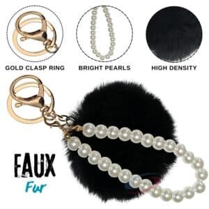Cute Faux Fur Pompom with Pearls Keychain for Elegant Bag Accessories - Black Color