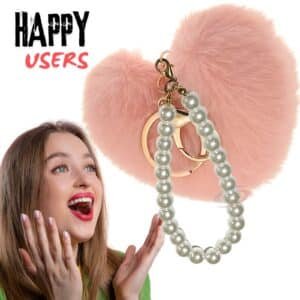 Adorable Soft Faux Fur Pompom Heart Keychain with Gorgeous Pearls - Baby Pink