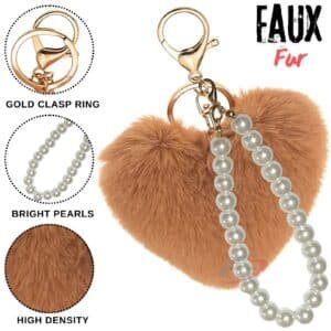 Cute Fluffy Faux Fur Soft Pompom Heart Keychain Charm with Elegant Pearls - Brown
