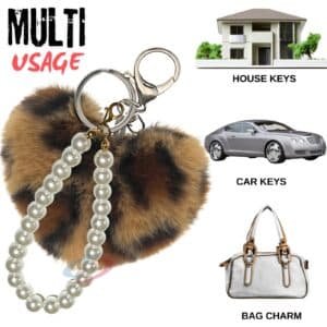 Trendy Fluffy Faux Fur Pompom Heart Keychain with Glamorous Pearls -  Brown Leopard Print