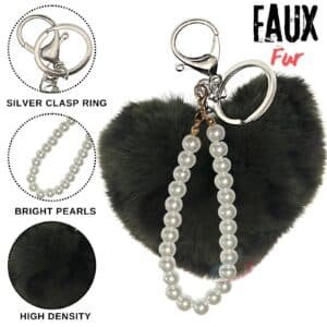 Fashionable Soft Faux Fur Pompom Heart Keychain with Lovely Pearl Charm - Dark Green Lepo