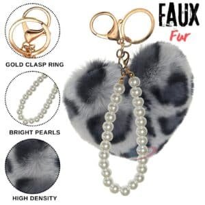 Trendy Fluffy Faux Fur Heart Keychain Charm with Adorable Pearls - Grey Lepo