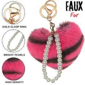 Stylish Faux Fur Pompom Heart Keychain with Fluffy Soft Pearls - Hot Pink Lepo