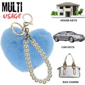 Glamorous Fluffy Faux Fur Heart Keychain with Soft Pompom and Elegant Pearls - Light Blue