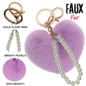 Elegant Faux Fur Fluffy Heart Keychain Charm with Soft Pompom and Pearls - Light Purple