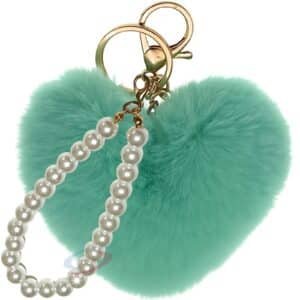 Premium Faux Fur Soft Pompom Heart Keychain with Shiny Pearl Accents - Mint Green