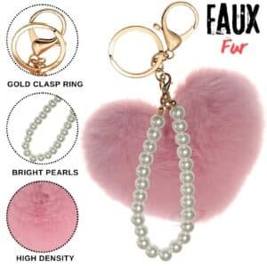 Chic Faux Fur Fluffy Heart Keychain Charm with Pearls and Soft Pompom - Pink