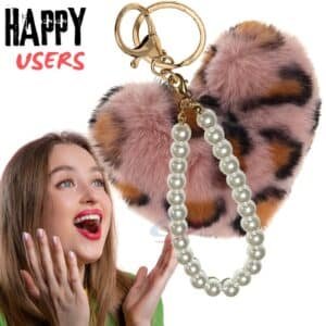 Charming Soft Faux Fur Pompom Heart Keychain with Luxurious Pearl Details - Pink Lepo