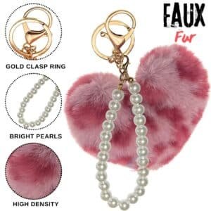 Adorable Faux Fur Soft Pompom Heart Keychain with Elegant Pearl Pendant - Rose Pink Lepo