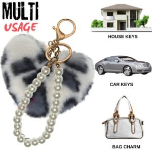 Luxurious Fluffy Faux Fur Heart Keychain with Soft Pompom and Sparkling Pearls - White Black Lepo