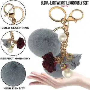Trendy Rose Pearl Keychain Charm with Adorable Faux Fur Twin Pompom Balls - Grey