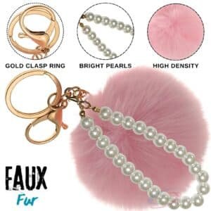 Luxe Faux Fur Pompom with Pearls Keychain Charm for Trendy Handbags - Pink