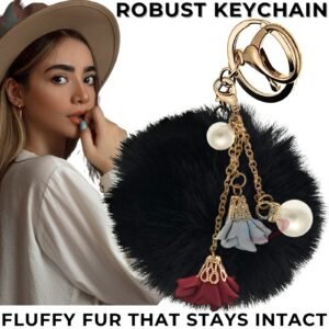 Trendy Rose Pearl Pom Pom Keychain – Add a Touch of Elegance - Black
