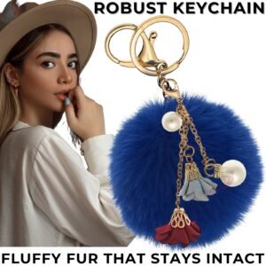 Luxurious Rose & Pearl Pom Pom Keychain – Customizable for Special Gifts - Dark Blue