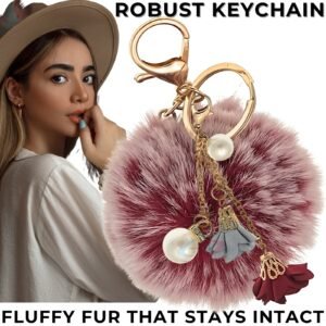 Fashionable Rose & Pearl Pom Pom Keychain – Stylish Charm for Your Keys - Frosted Red