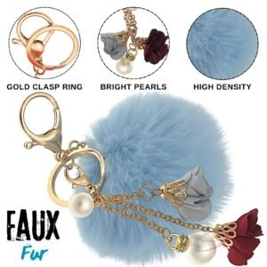 Elegant Rose Pearl Pom Pom Keychain – Customizable Charm for Her - Light Blue