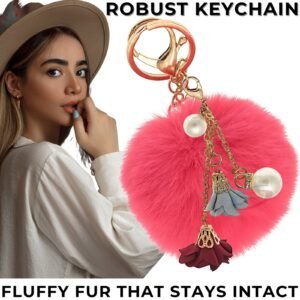 Chic Rose & Pearl Pom Pom Keychain – Perfect for Gifts - Rose