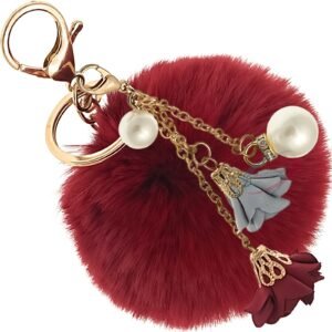 Stylish Rose & Pearl Pom Pom Keychain – Chic Accessory for Any Occasion - Wine Red