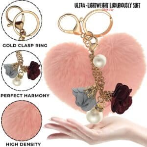 Fluffy Faux Fur Pom Pom Heart Keychain Charm – Pearl & Roses for a Luxe Touch - Baby Pink