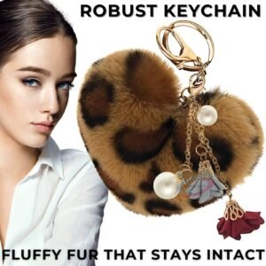 Fashionable Fluffy Faux Fur Pom Pom Keychain – Heart Pearl & Roses for Gifting - Brown Lepo
