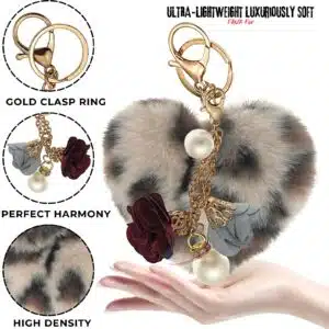 Fluffy Faux Fur Pom Pom Keychain with Heart, Pearl & Roses Charm – Custom Design - Cream Lepo