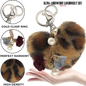 Chic Fluffy Faux Fur Pom Pom Keychain – Heart Pearl Roses Pendant for Her - Dark Brown Lepo