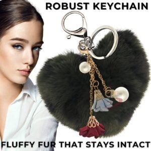 Elegant Faux Fur Pom Pom Keychain Charm with Heart, Pearl & Roses - Dark Green Lepo