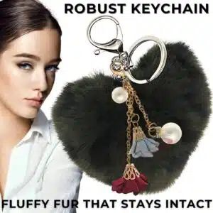 Elegant Faux Fur Pom Pom Keychain Charm with Heart, Pearl & Roses - Dark Green Lepo