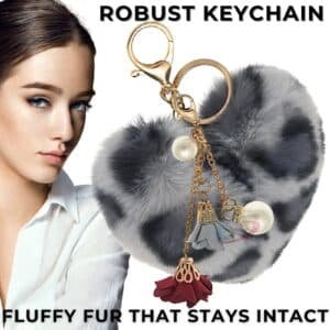 Charming Fluffy Faux Fur Pearl Roses Pom Pom Heart Keychain for Elegant Bags - Grey Lepo