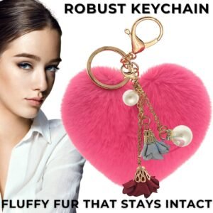 Fluffy Faux Fur Pom Pom Keychain – Heart, Pearl & Roses Charm - Hot Pink