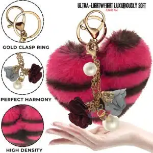 Stylish Faux Fur Pom Pom Heart Keychain – Pearl & Roses Charm for Trendsetters - Hot Pink Lepo