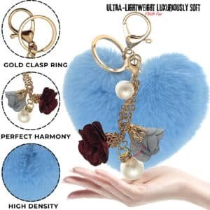 Romantic Faux Fur Pom Pom Keychain – Heart Pearl Roses Tassel Charm - Light Blue