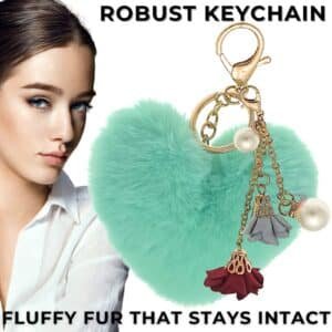Fluffy Faux Fur Pom Pom Keychain Charm with Heart & Roses – Perfect for Gifts - Mint Green