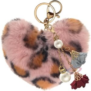 Trendy Fluffy Faux Fur Pom Pom Heart Keychain – Custom Pearl & Roses Charm - Pink Lepo