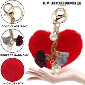 Fashion-Forward Faux Fur Pom Pom Keychain – Heart Charm with Pearl & Roses Detail - Red