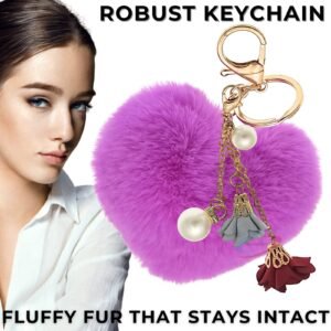 Fluffy Faux Fur Keychain – Heart, Pearl & Roses Pom Pom Charm for Personalized Gifts - Violet