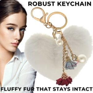 Fluffy Faux Fur Pom Pom Keychain – Custom Pearl Roses Heart Charm for Women - White